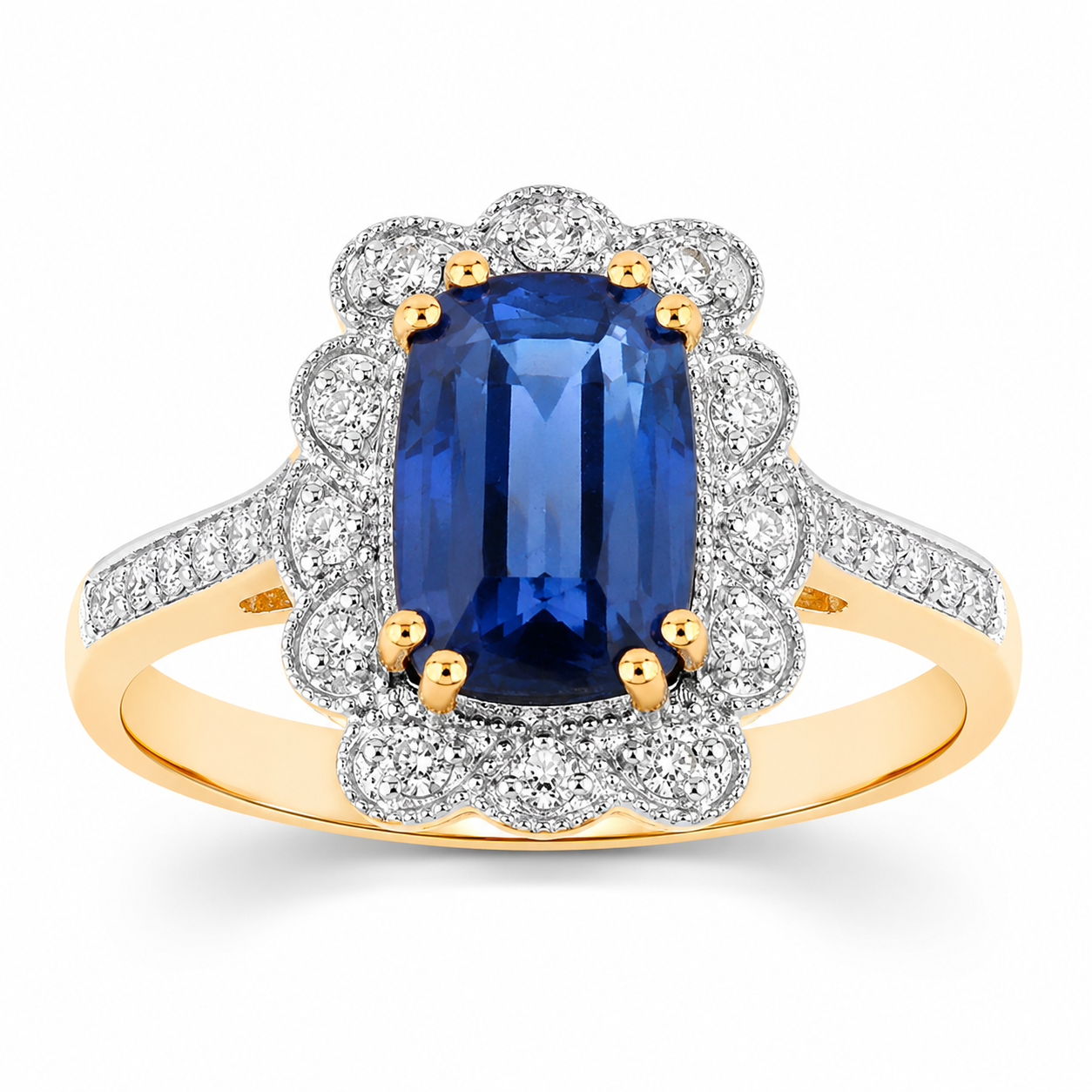 3.21 Ct Cushion Ceylon Blue Sapphire and White Diamond Prong 18K Gold Pave Halo Statement Ring