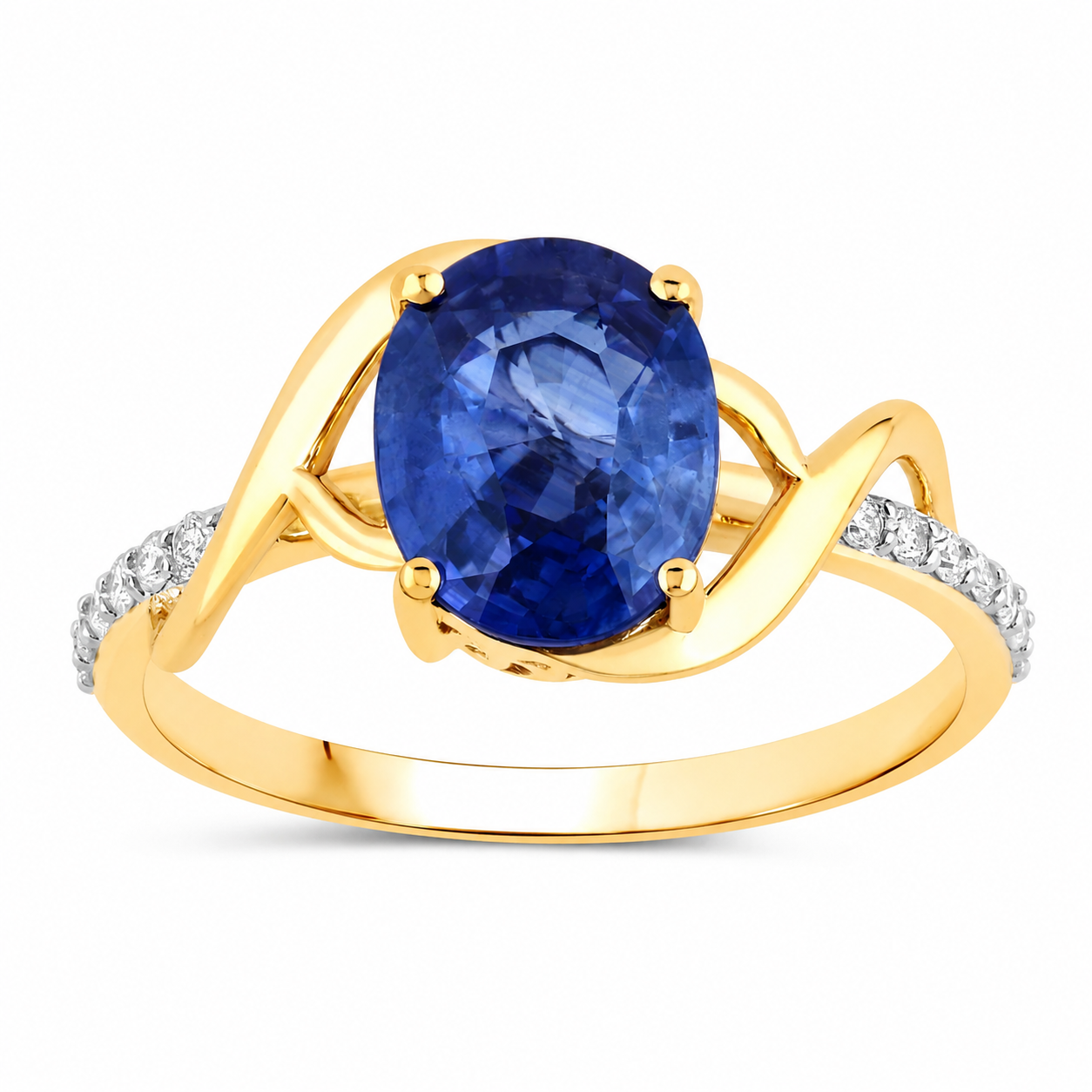 2.34 Ct Oval Ceylon Blue Sapphire and White Diamond Prong 18K Yellow Gold Pave Crossover Ring