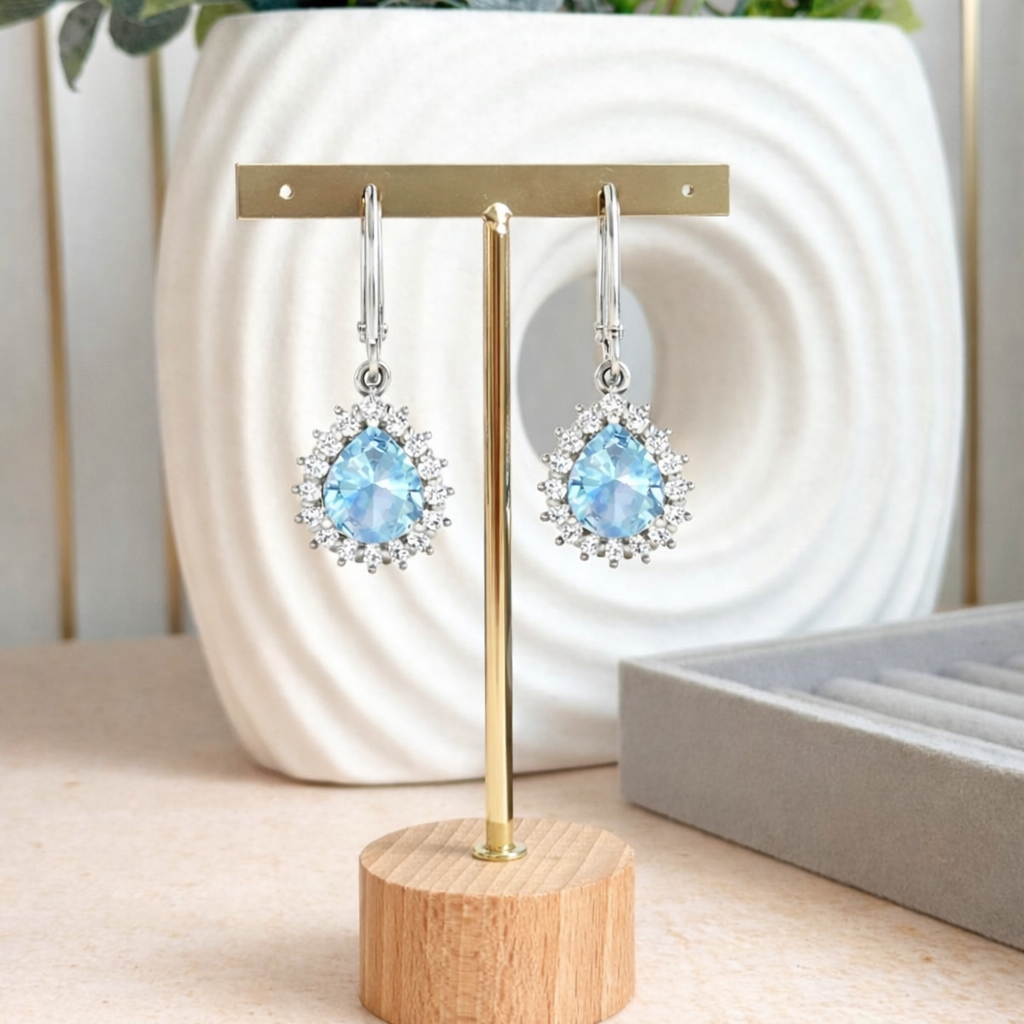 Genuine Aquamarine and Diamond Teardrop Halo Earrings
