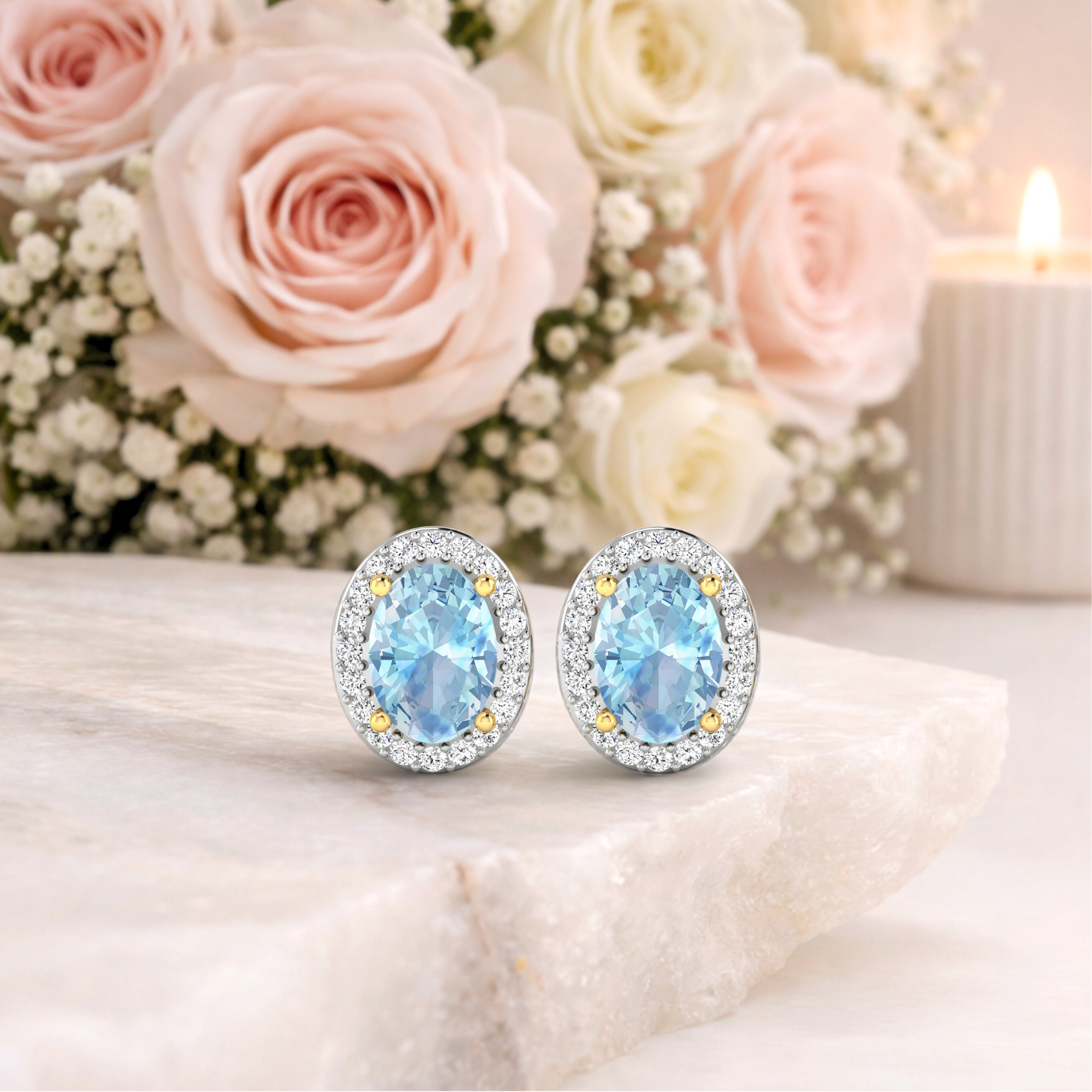 Genuine Diamond Aquamarine Studs Earrings