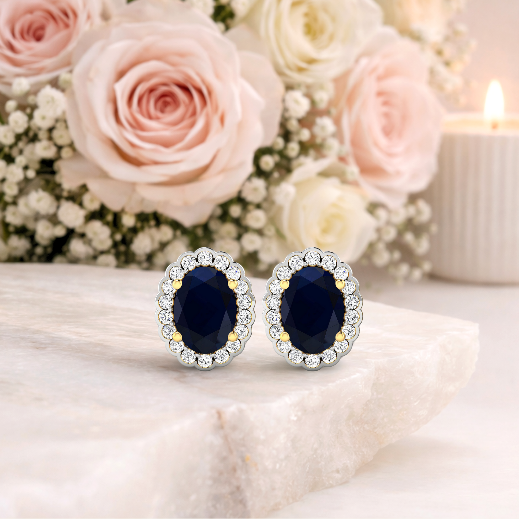 Genuine Diamond and Blue Sapphire Halo Earrings