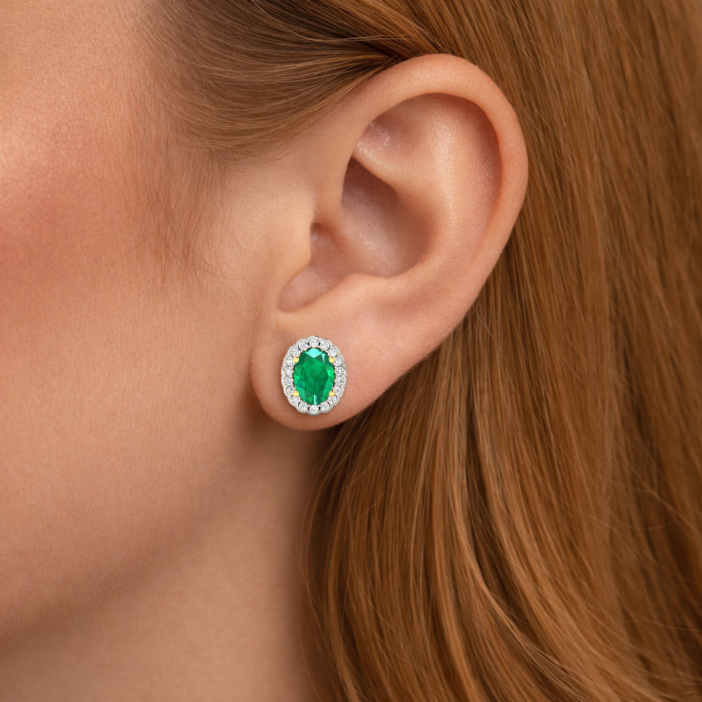 Genuine Diamond and Zambian Emerald Halo Earrings