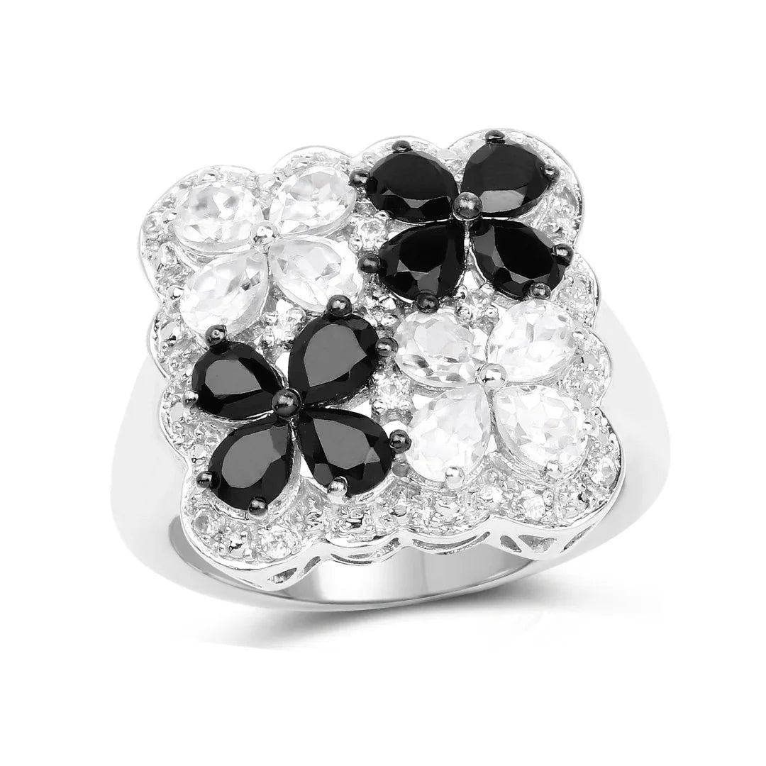 Black Spinel White Topaz Floral Ring