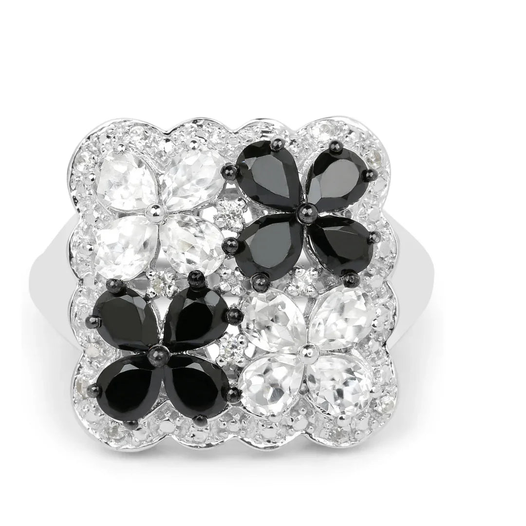 Black Spinel White Topaz Floral Ring
