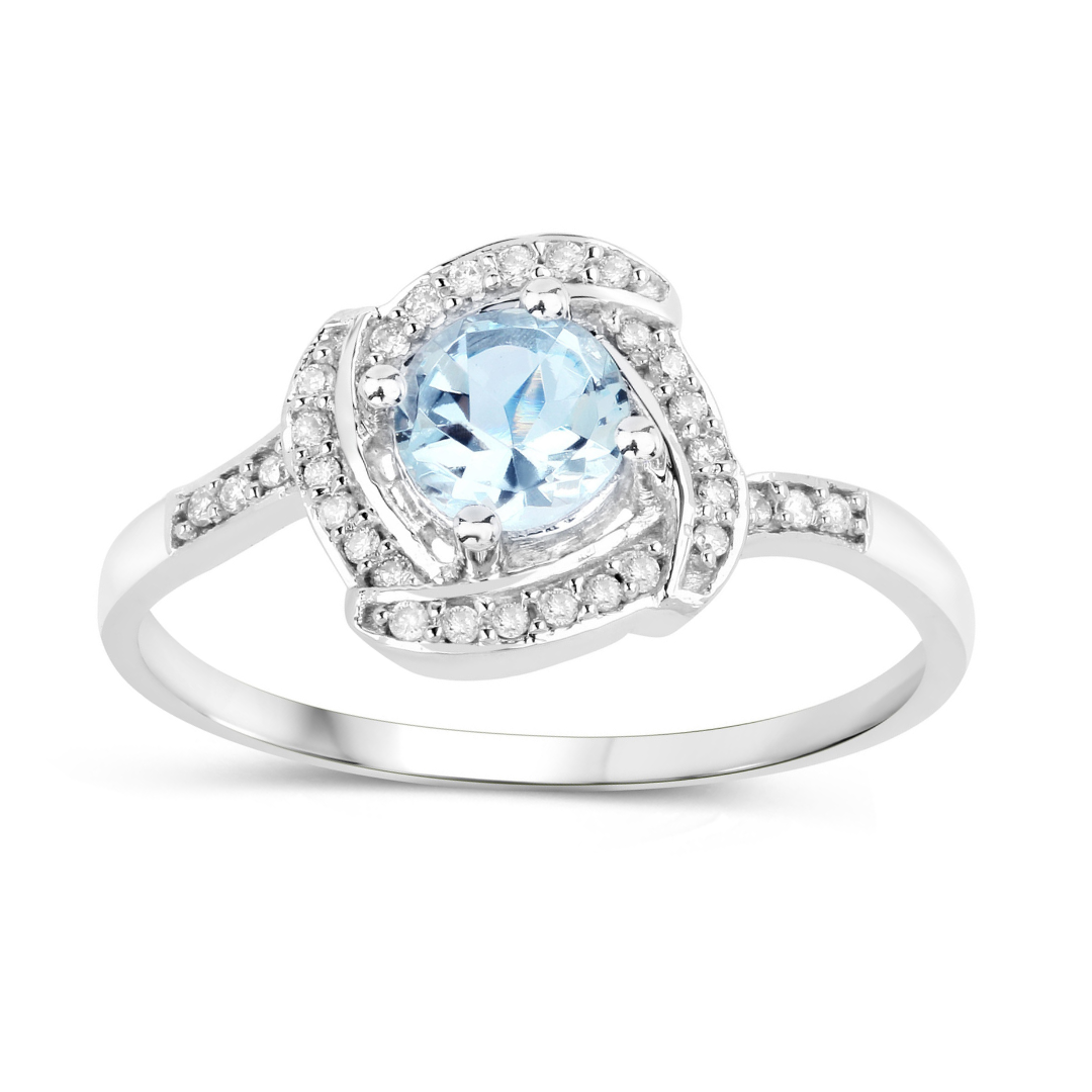 Anillo de oro blanco de 14 quilates con halo de aguamarina y diamantes blancos