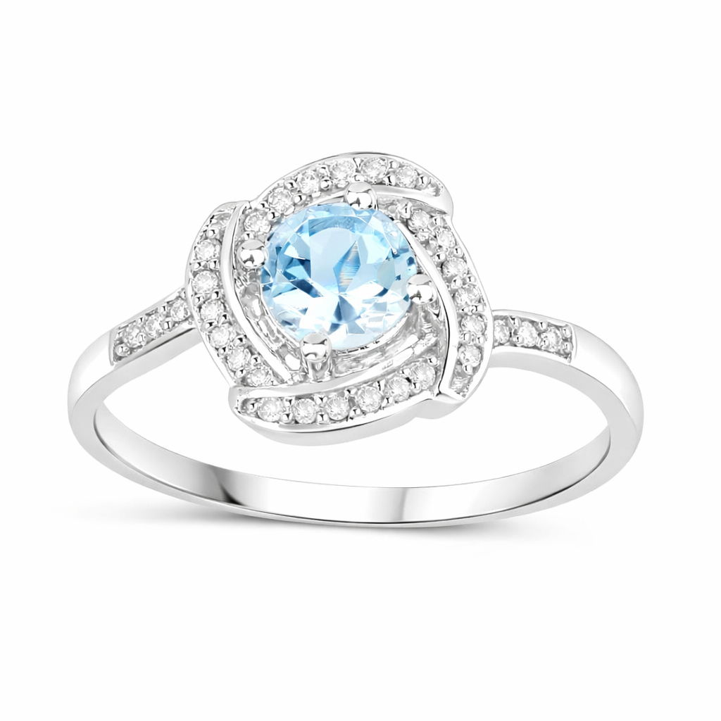 Anillo de oro blanco de 14 quilates con halo de aguamarina y diamantes blancos