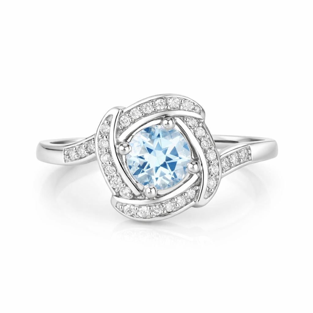 Anillo de oro blanco de 14 quilates con halo de aguamarina y diamantes blancos