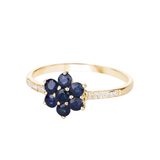 10K Yellow Gold Blue Sapphire Floral Ring with White Diamonds