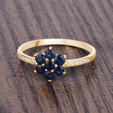 10K Yellow Gold Blue Sapphire Floral Ring with White Diamonds