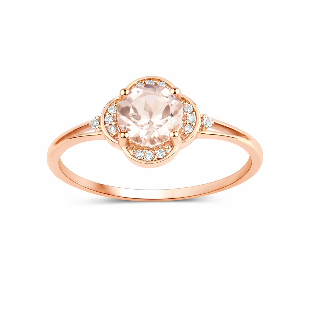 Anillo de oro rosa de 10 quilates con halo de morganita y diamantes blancos