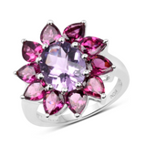 Natural Amethyst and Rhodolite Floral Ring