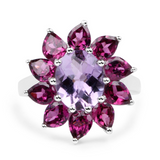 Natural Amethyst and Rhodolite Floral Ring