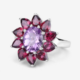 Natural Amethyst and Rhodolite Floral Ring