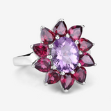 Natural Amethyst and Rhodolite Floral Ring