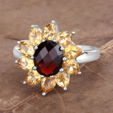 Natural Garnet and Citrine Sunflower Ring