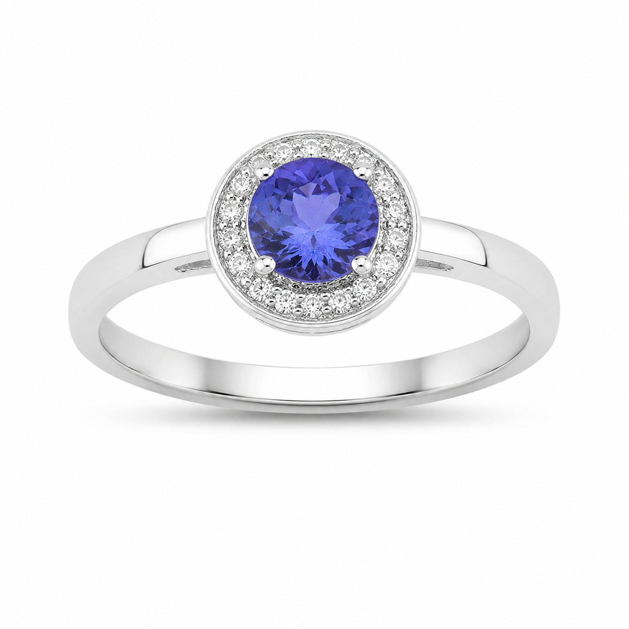 0.47 Ct Round Violet Tanzanite & Lab Diamond Prong Silver Halo Ring