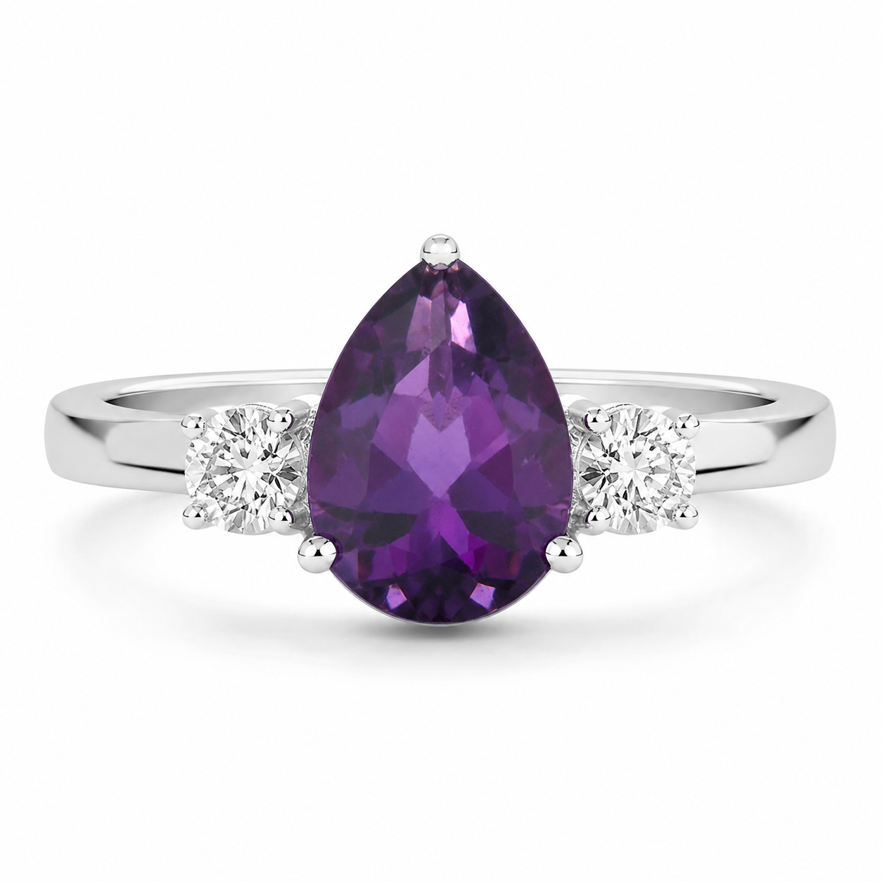 1.27 Carat Pear Purple Amethyst and Lab Diamond Prong Silver Three Stone Ring