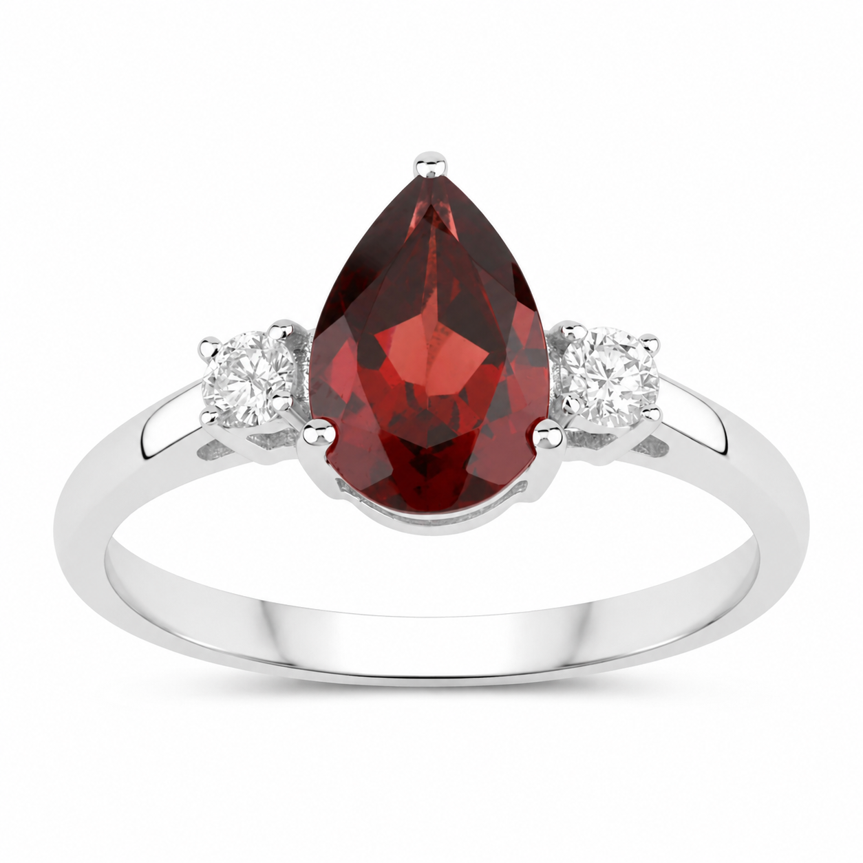 1.30 Ct Pear Red Mozambique Garnet and Lab Diamond Prong Silver Three Stone Ring