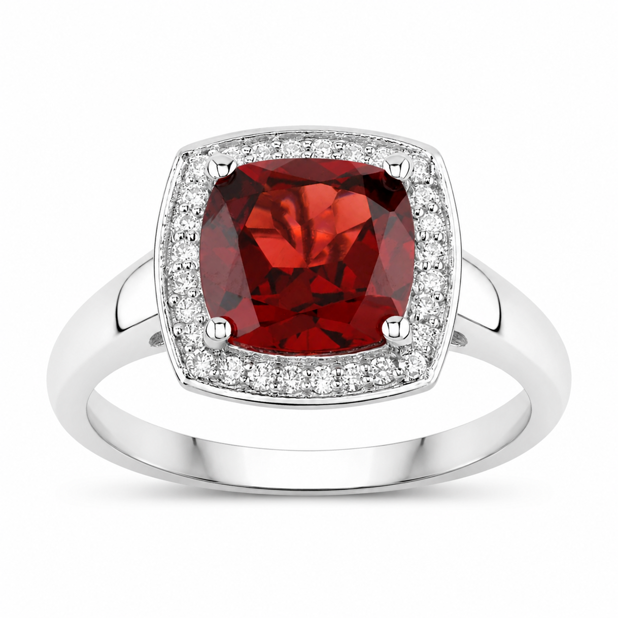 2.52 Ct Cushion Red Mozambique Garnet and Lab Diamond Prong Silver Halo Statement Ring