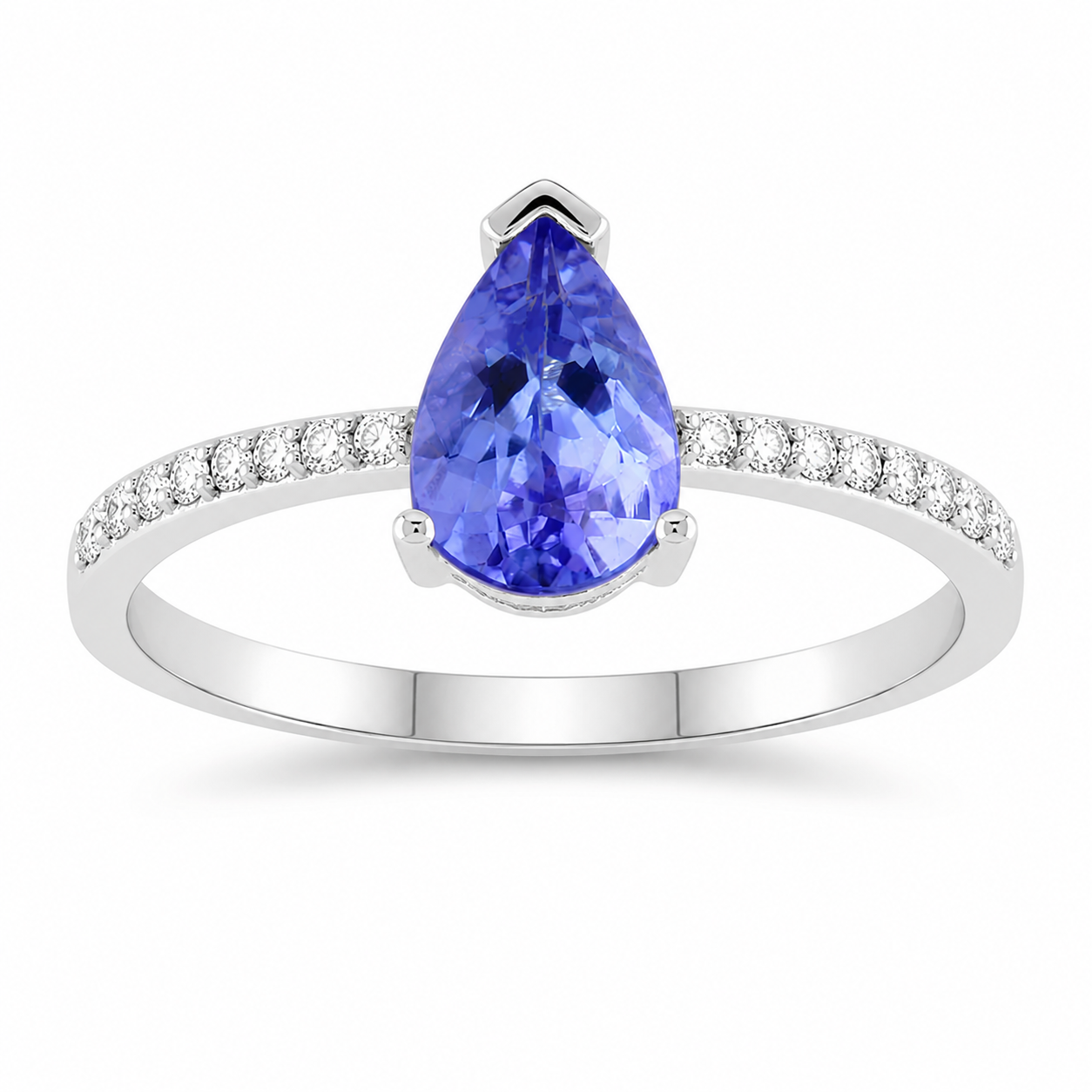 0.88 Ct Pear Violet Tanzanite and Lab Grown Diamond Prong Silver Pave Solitaire Bridge Ring