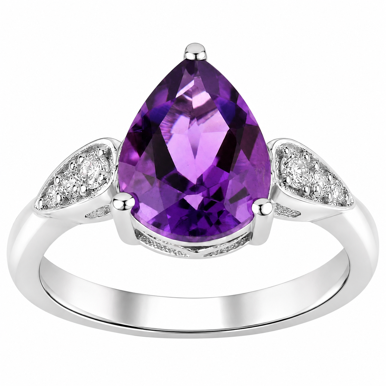 2.21 Ct Pear Purple Amethyst and Lab Diamond Prong Silver Cocktail Ring