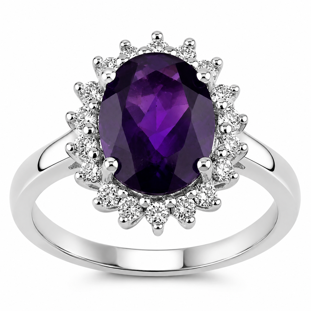1.87 Ct Oval Purple Amethyst and Lab Grown Diamond Prong Silver Halo Floral Ring