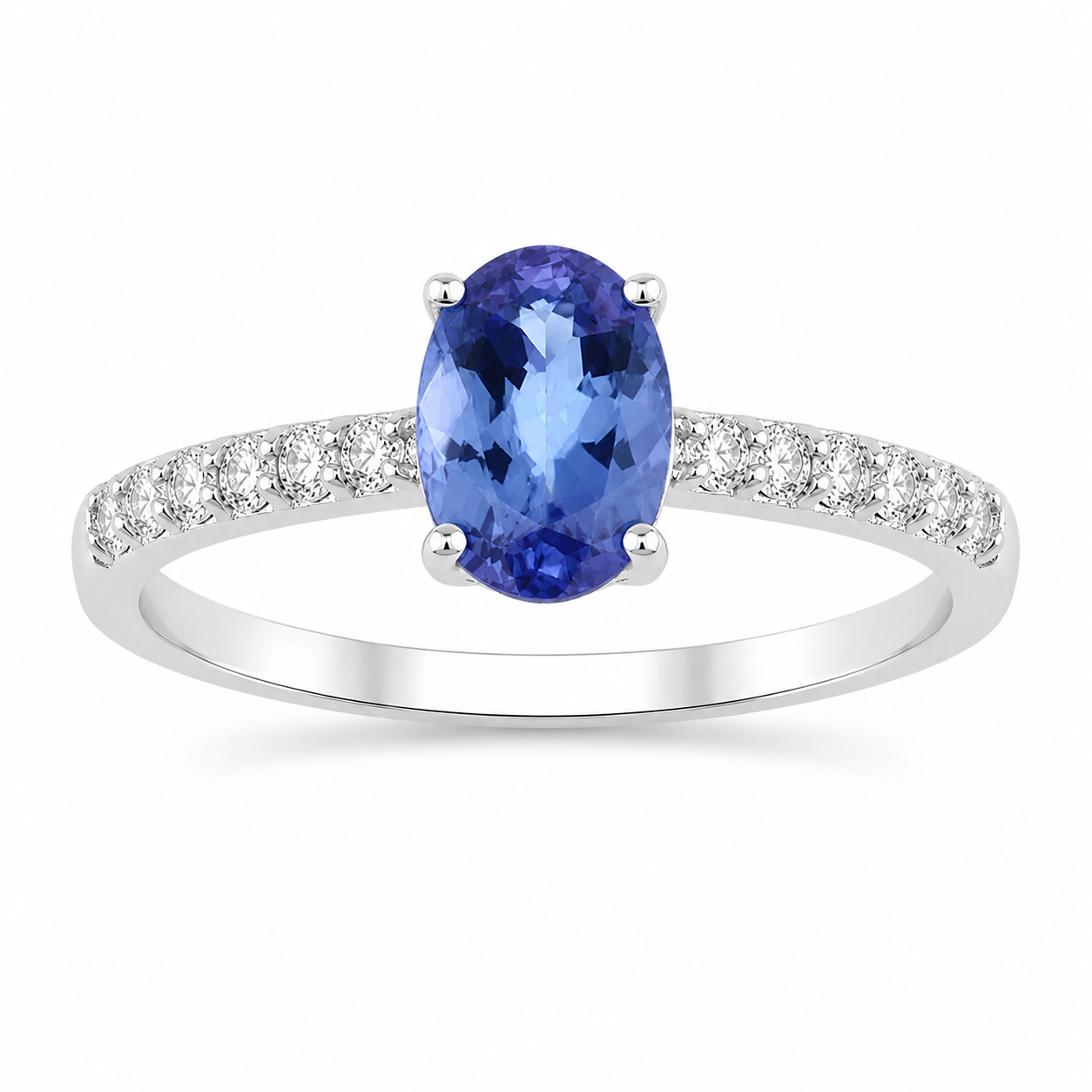 0.93 Ct Oval Violet Tanzanite and Lab Diamond Prong Silver Pave Engagement Ring