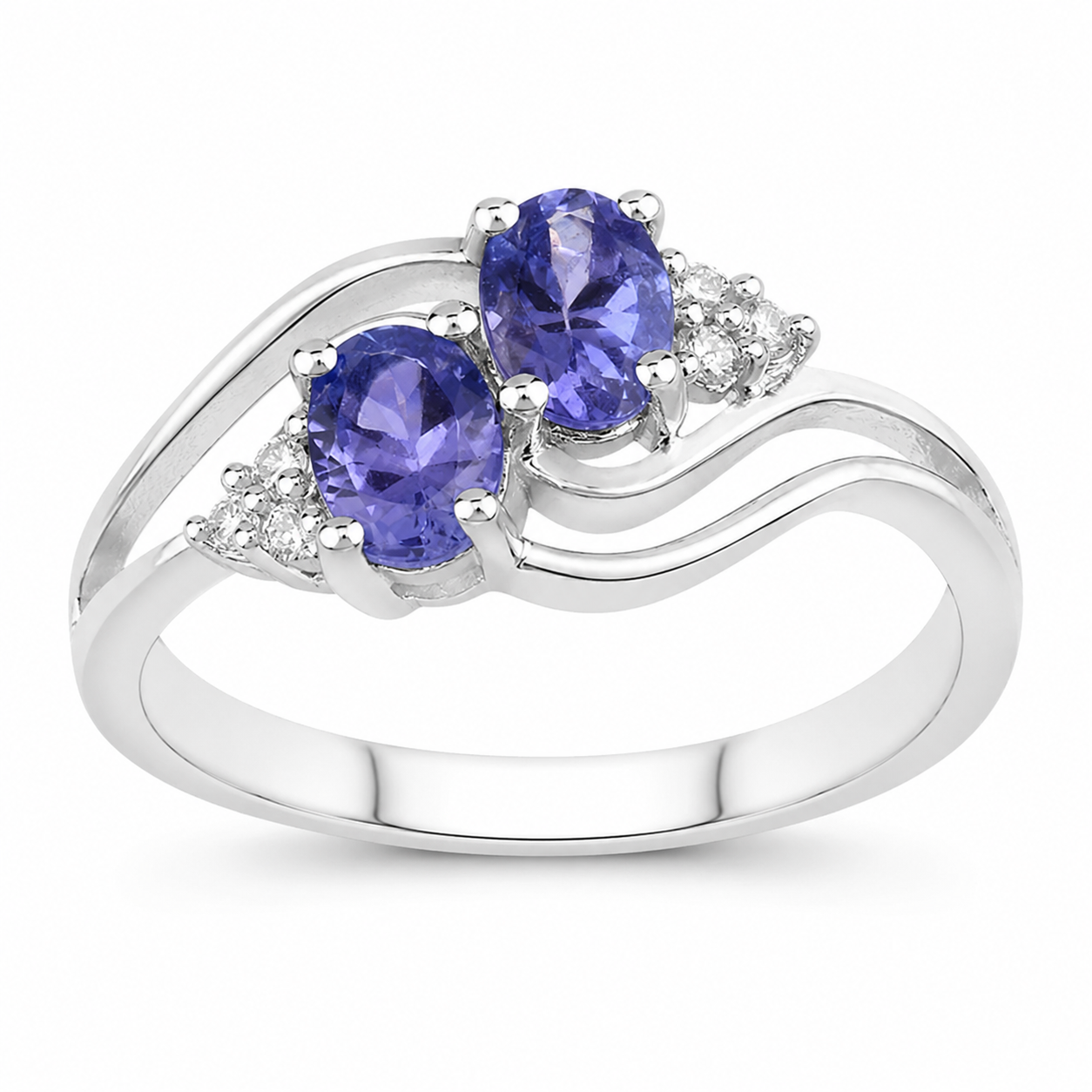 0.88 Ct Oval Violet Tanzanite and Lab Grown Diamond Prong Silver Bypass Ring