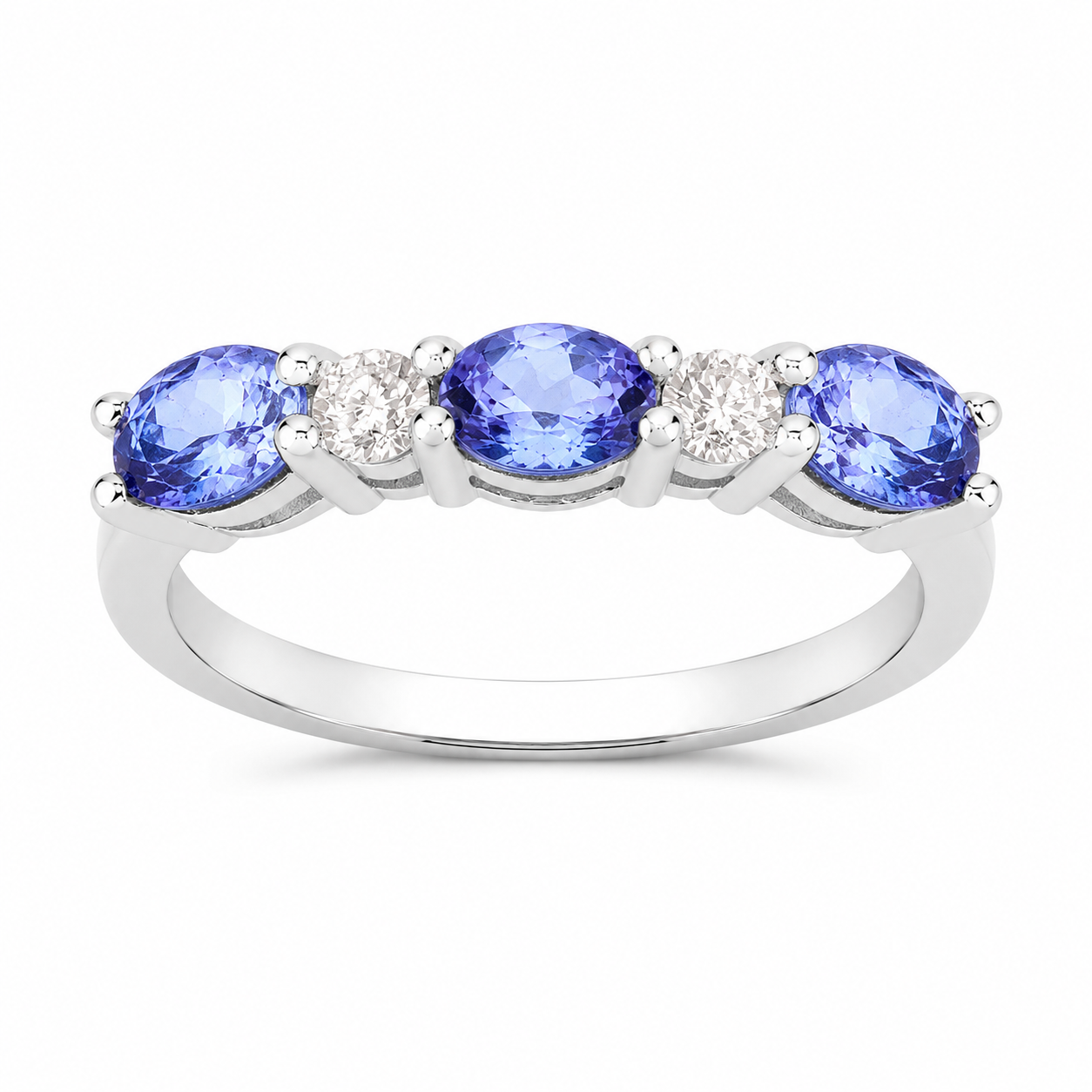 0.99 Ct Oval Violet Tanzanite and Lab Grown Diamond Prong Silver Five Stone Ring