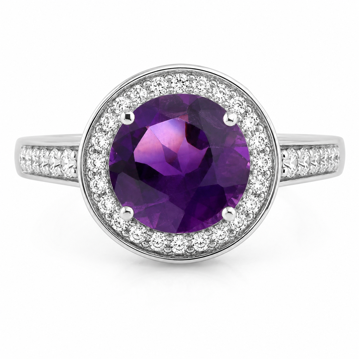 2.01 Ct Round Purple Amethyst and Lab Diamond Prong Silver Pave Halo Statement Ring