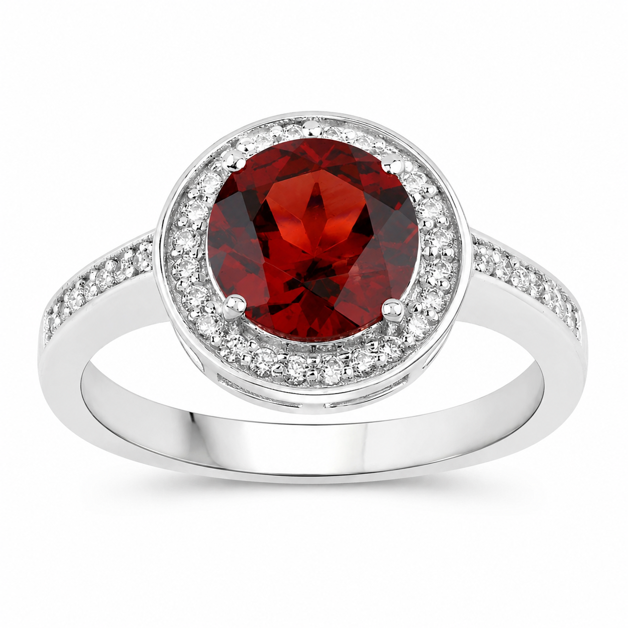 2.46 Ct Round Red Mozambique Garnet and Lab Diamond Prong Silver Pave Halo Statement Ring