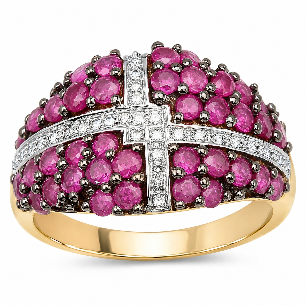1.70 Ct Round Cut Pink Ruby 14K Yellow Gold-Plated Silver Prong Cluster Ring