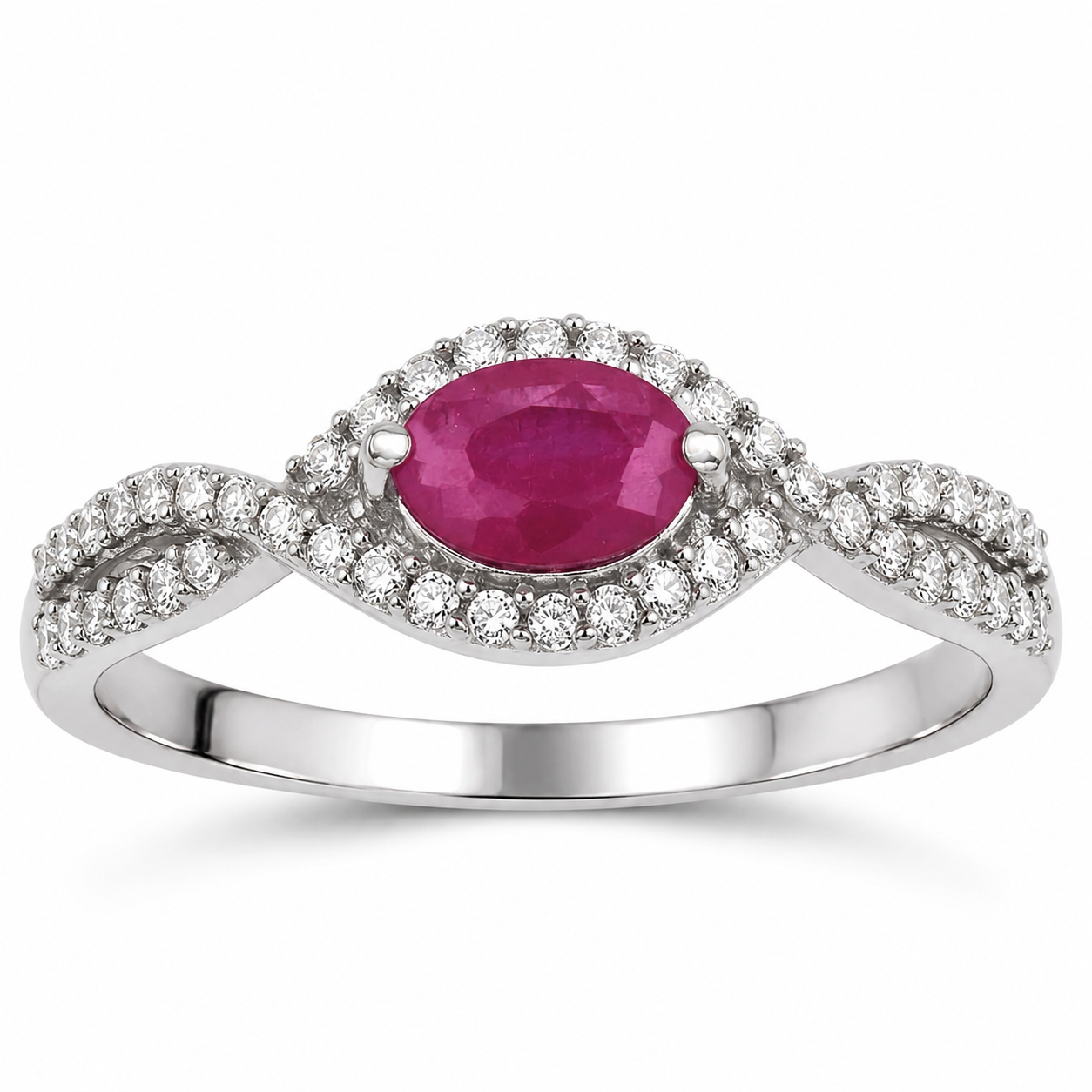 0.40 Ct Oval Shaped Pink Ruby and White Diamond 14K White Gold Crossover Halo Ring