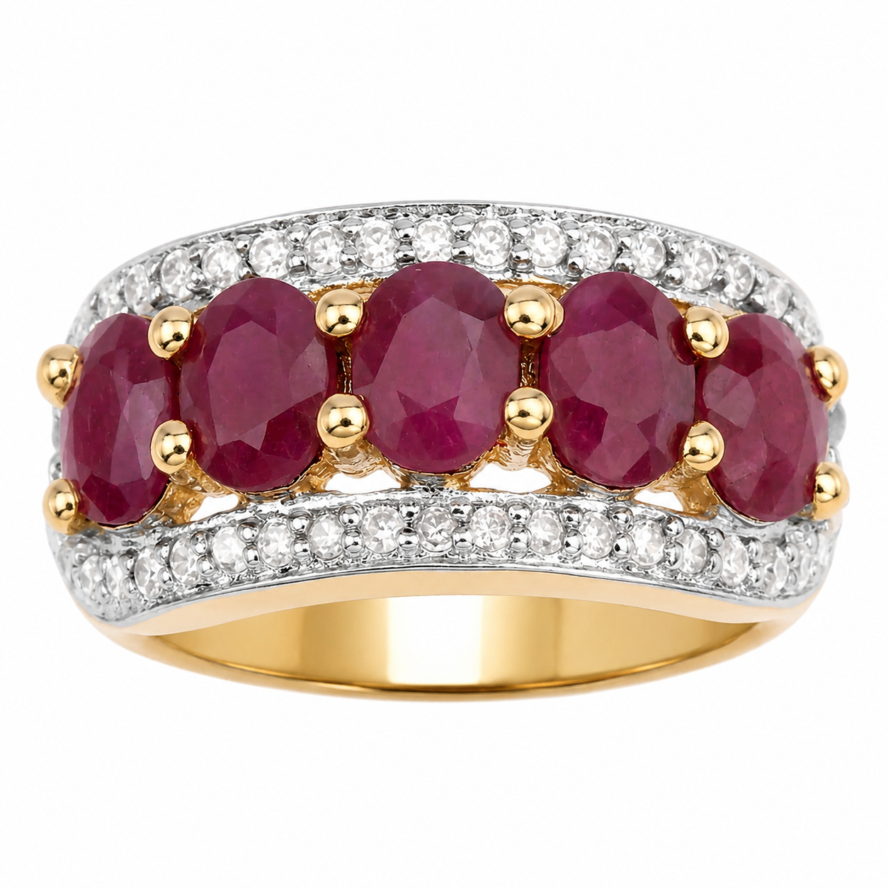 1.74 Ct Oval Pink Ruby and White Diamond Prong Silver Five Stone Halo Ring
