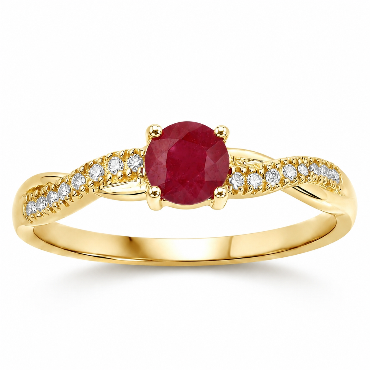 0.34 Ct Round Cut Pink Ruby and White Diamond Prong 10K Yellow Gold Solitaire Pave Ring