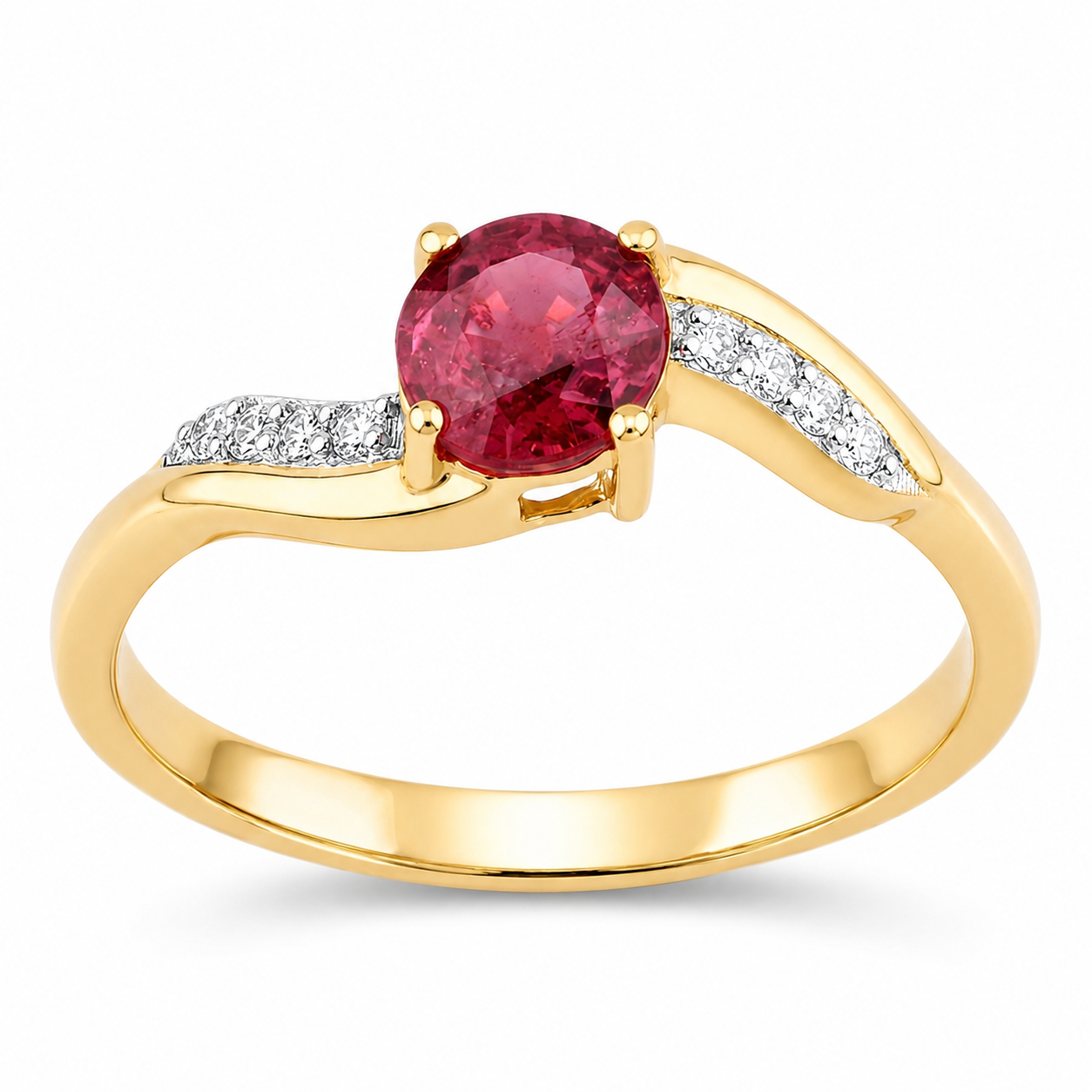 0.60 Ct Round Shape Pink Ruby and White Diamond Prong 14K Yellow Gold Bypass Ring