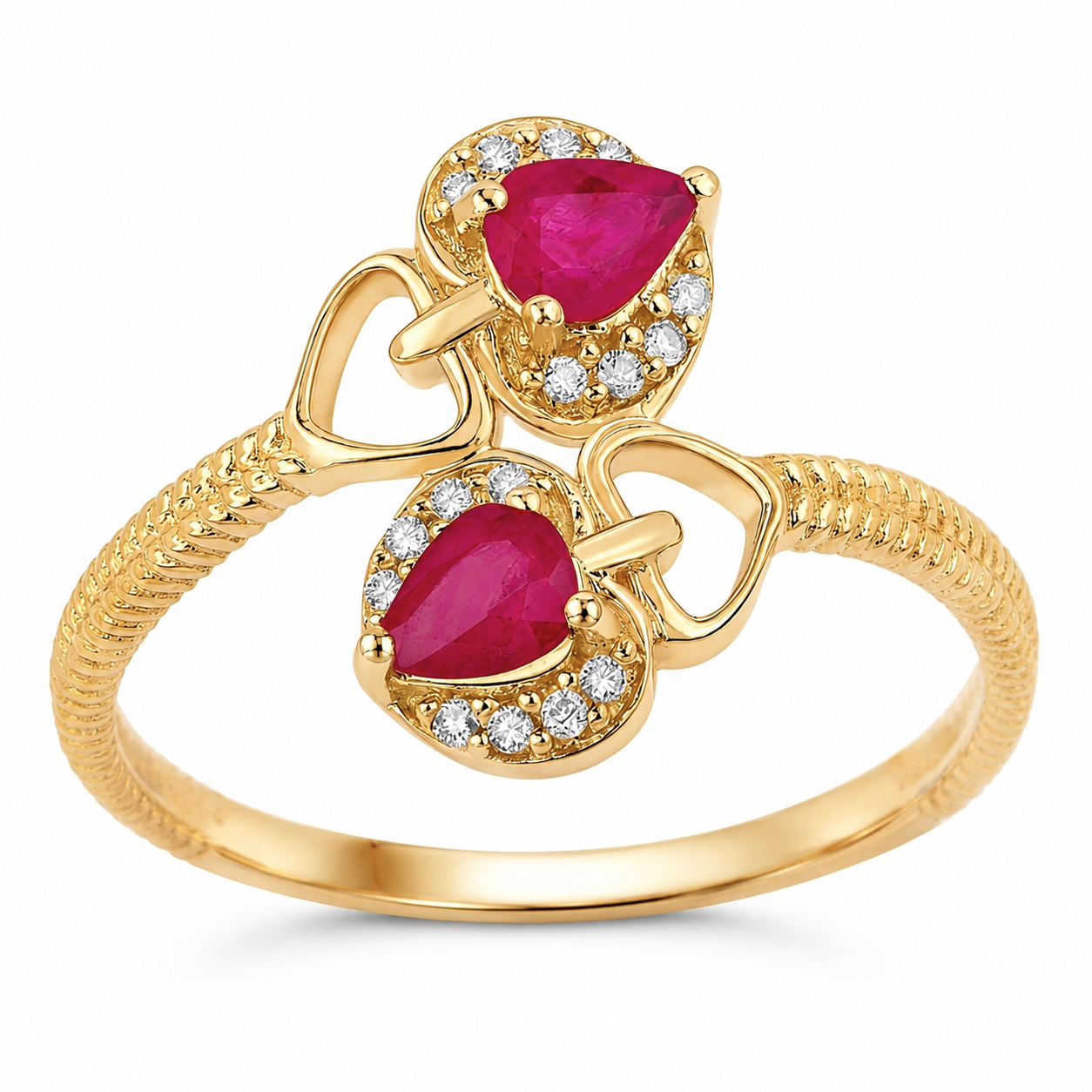 0.44 Ct Pear Mozambique Ruby and White Diamond Prong 14K Yellow Gold Heart Bypass Ring