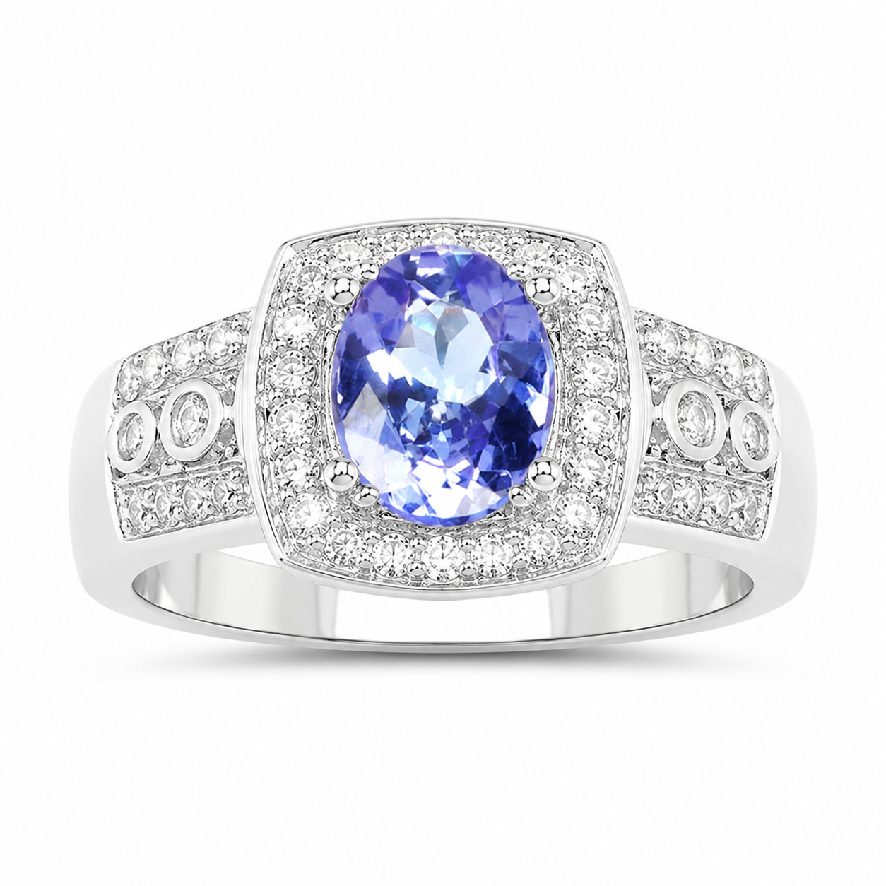 1.42 Ct Oval Violet Tanzanite & White Topaz Prong Silver Pave Halo Statement Ring