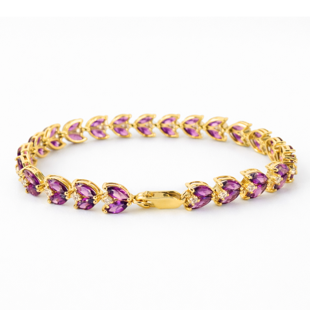 15.4 Ct Marquise Purple Rhodolite Garnet Prong Yellow Gold Over Silver Link Bracelet