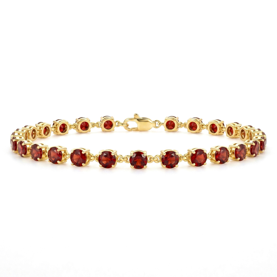 4.72 Cttw Round Red Garnet Prong Classic Inline Lobster Clasp Tennis Yellow Gold Plated Silver Bracelet