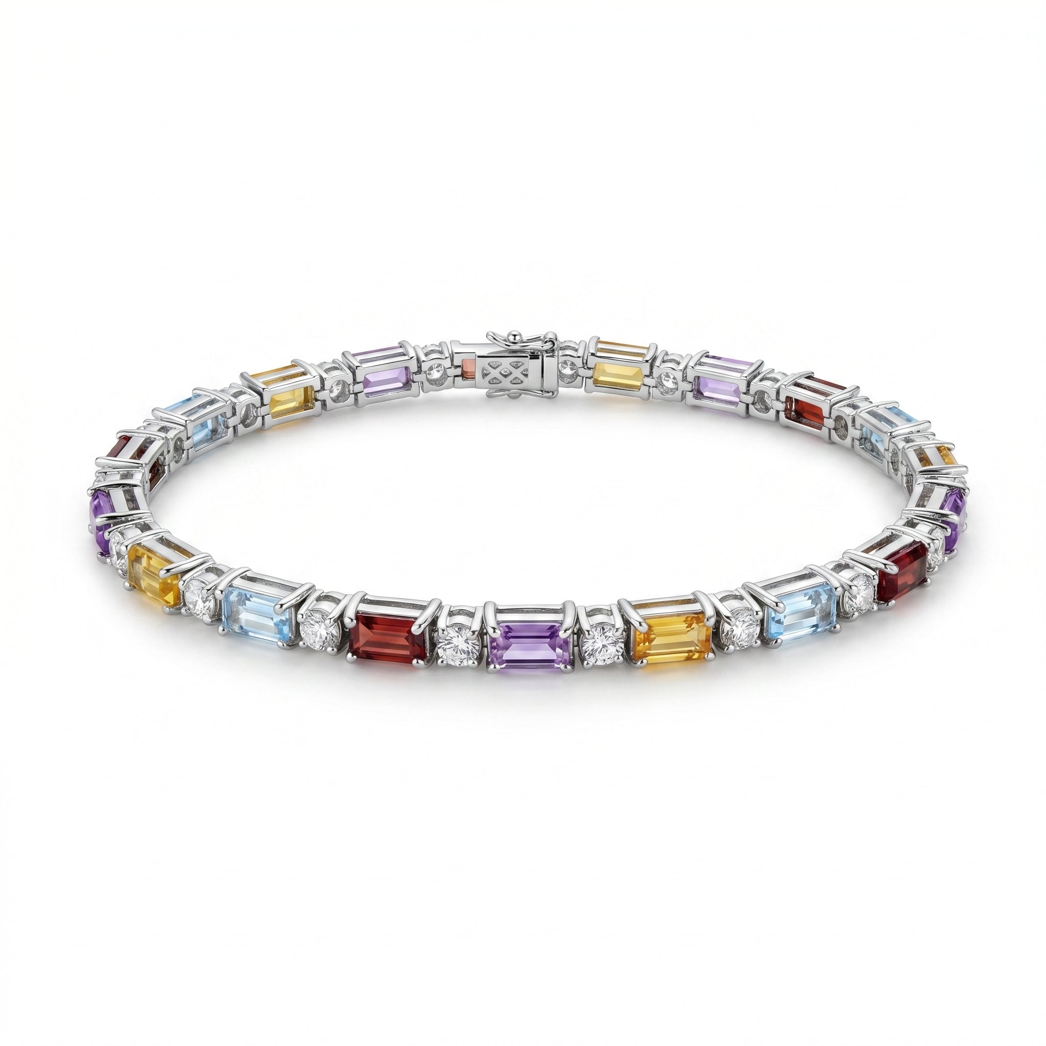 Natural Multi Gemstone Rainbow Silver Bracelet 8 inches