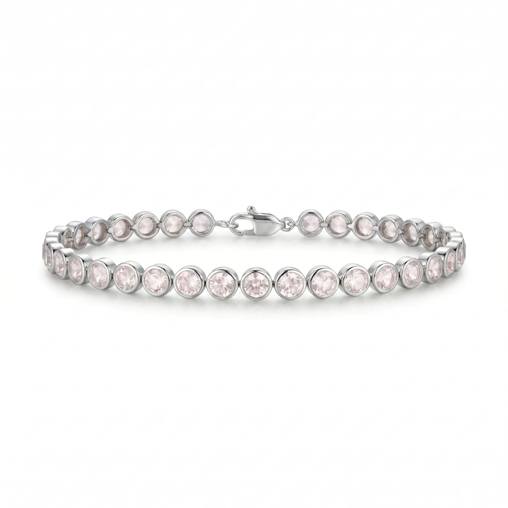 Natural Round Rose Quarts Bezel Tennis Silver Bracelet 7.5 inches