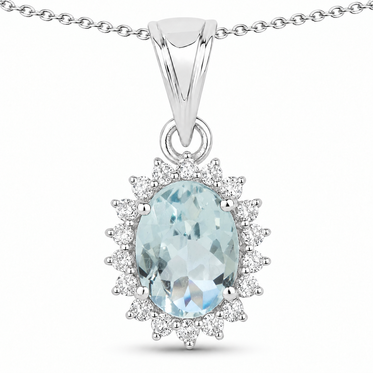 1.60 Ct Oval Blue Aquamarine & Lab Diamond Prong Silver Halo Pendant Necklace