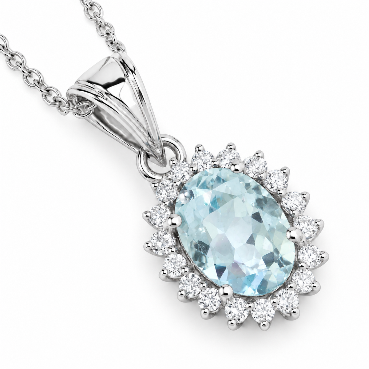 1.60 Ct Oval Blue Aquamarine & Lab Diamond Prong Silver Halo Pendant Necklace