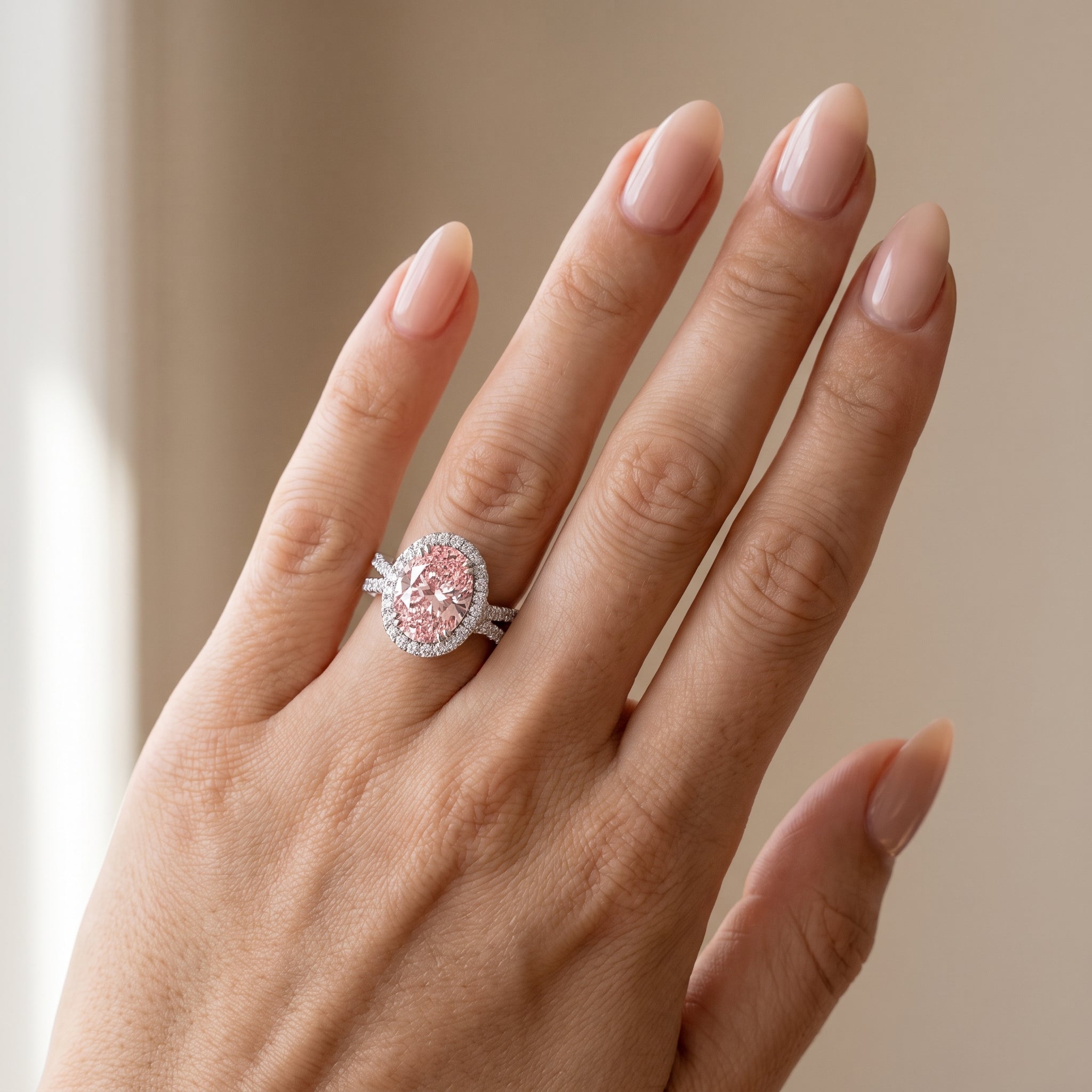 4Cttw Oval Shaped Pink Lab Grown Diamond (F/VS) Split Shank Halo Engagement Ring 14K Gold