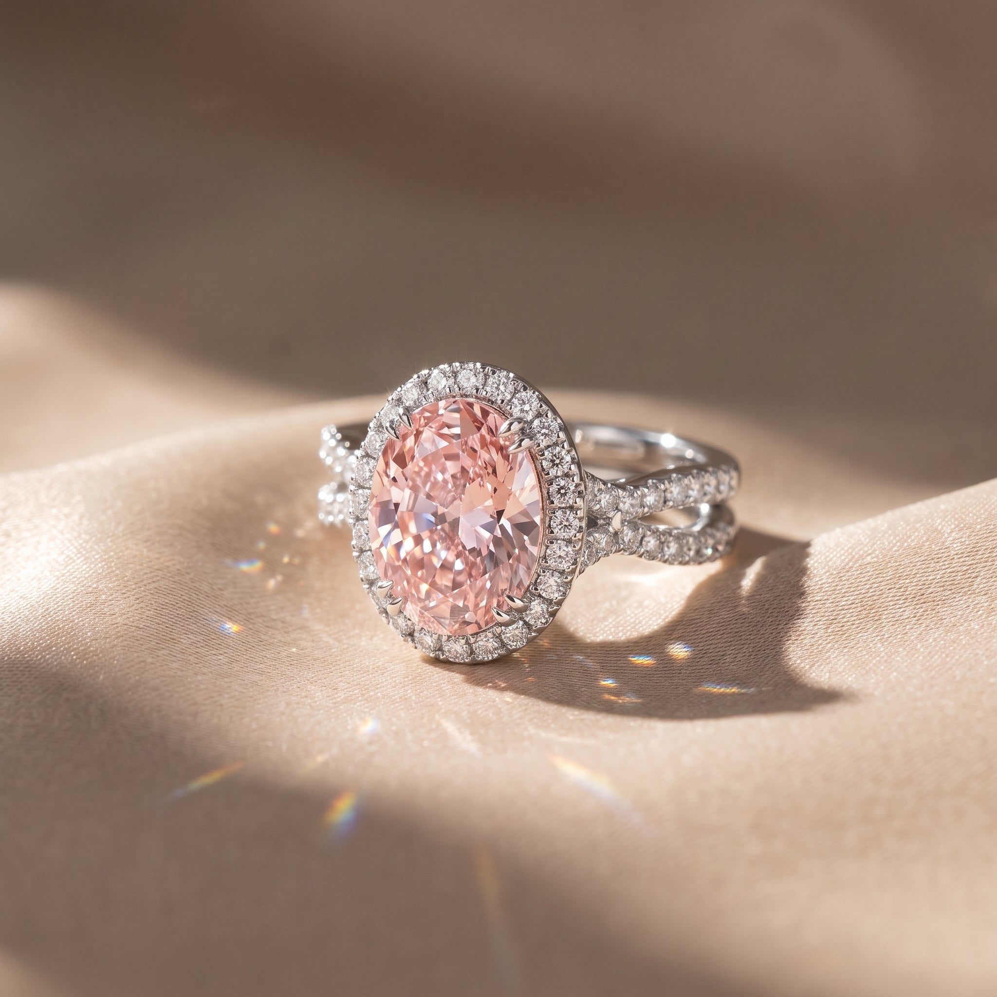 4Cttw Oval Shaped Pink Lab Grown Diamond (F/VS) Split Shank Halo Engagement Ring 14K Gold