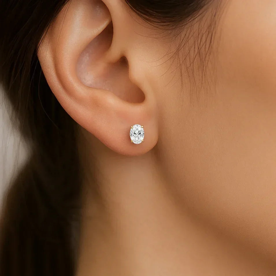 IGI Certified Oval Lab Grown Diamond Solitaire Stud Earrings Yellow Gold - Fine Diamond