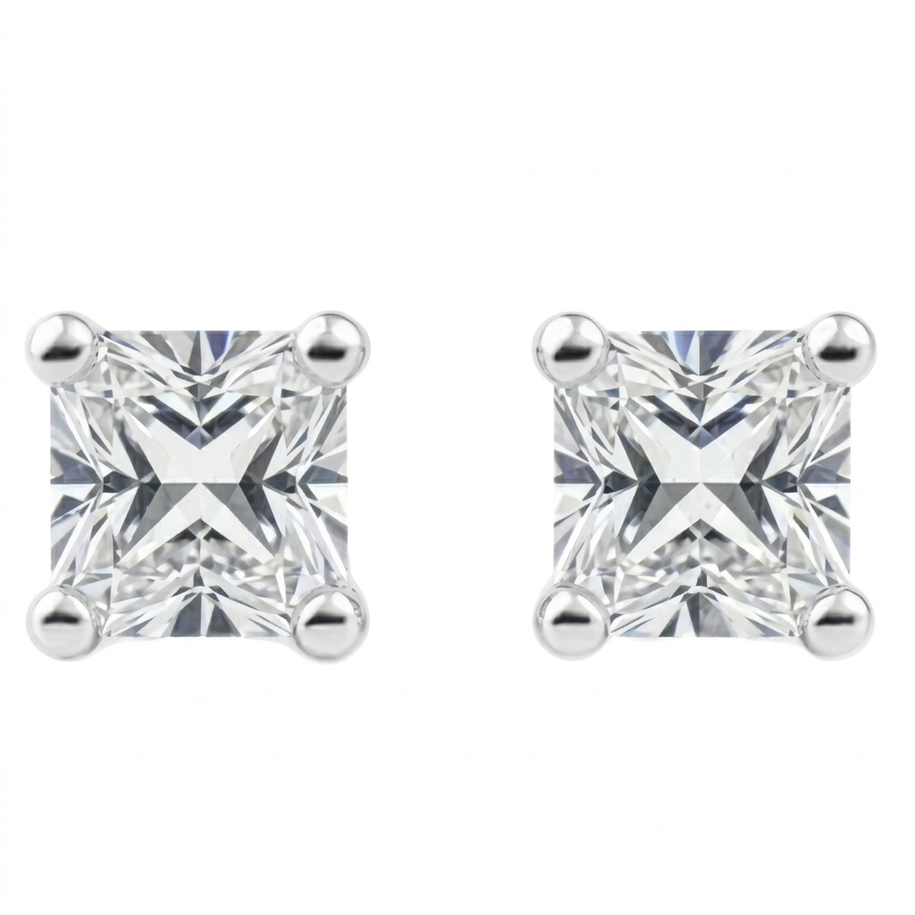 IGI Certified Princess Cut Lab Grown Diamond Solitaire Stud Earrings White Gold