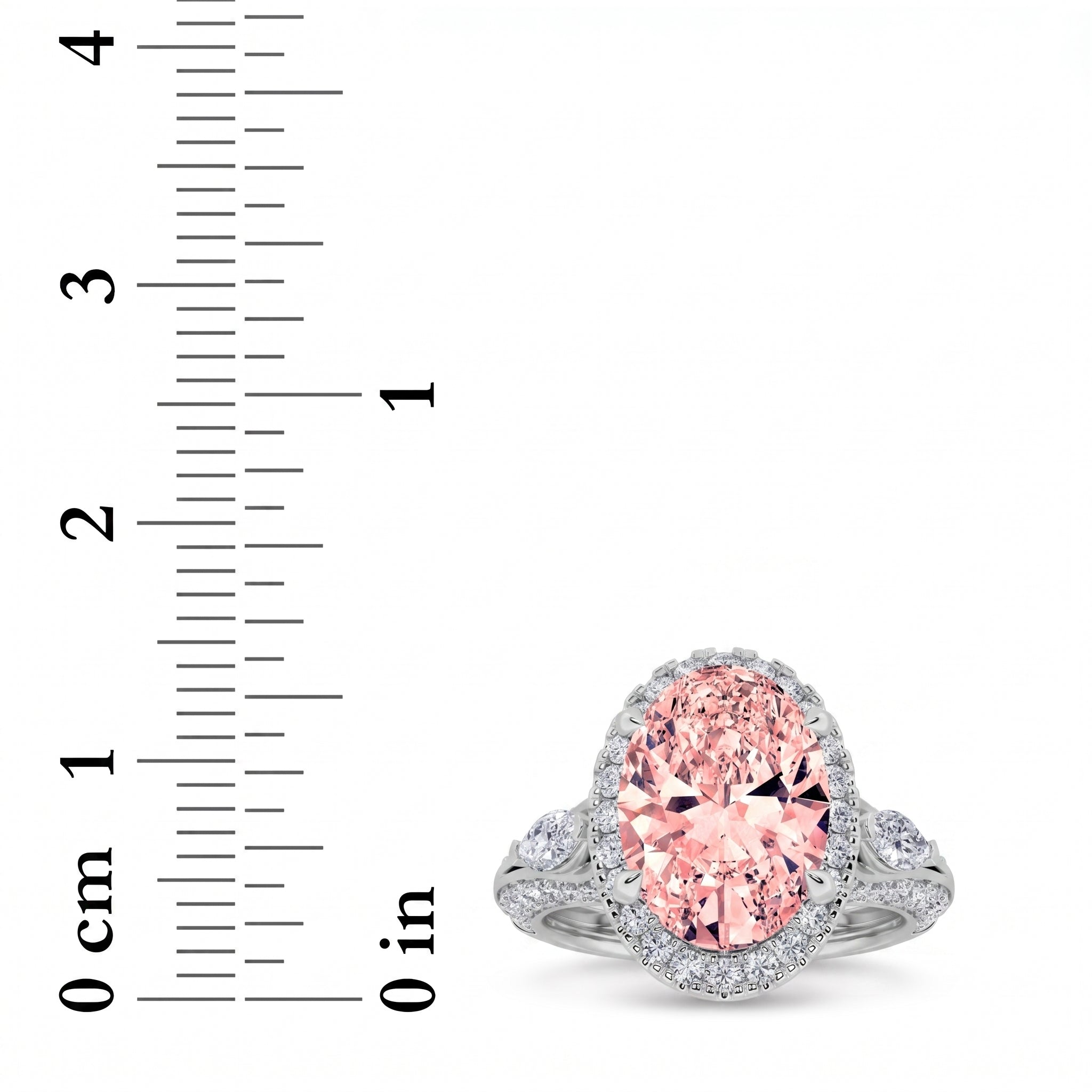 3Cttw Oval Shaped Pink Lab Grown Diamond (F/VS) Three Stone Halo Enagement Ring 14K Gold