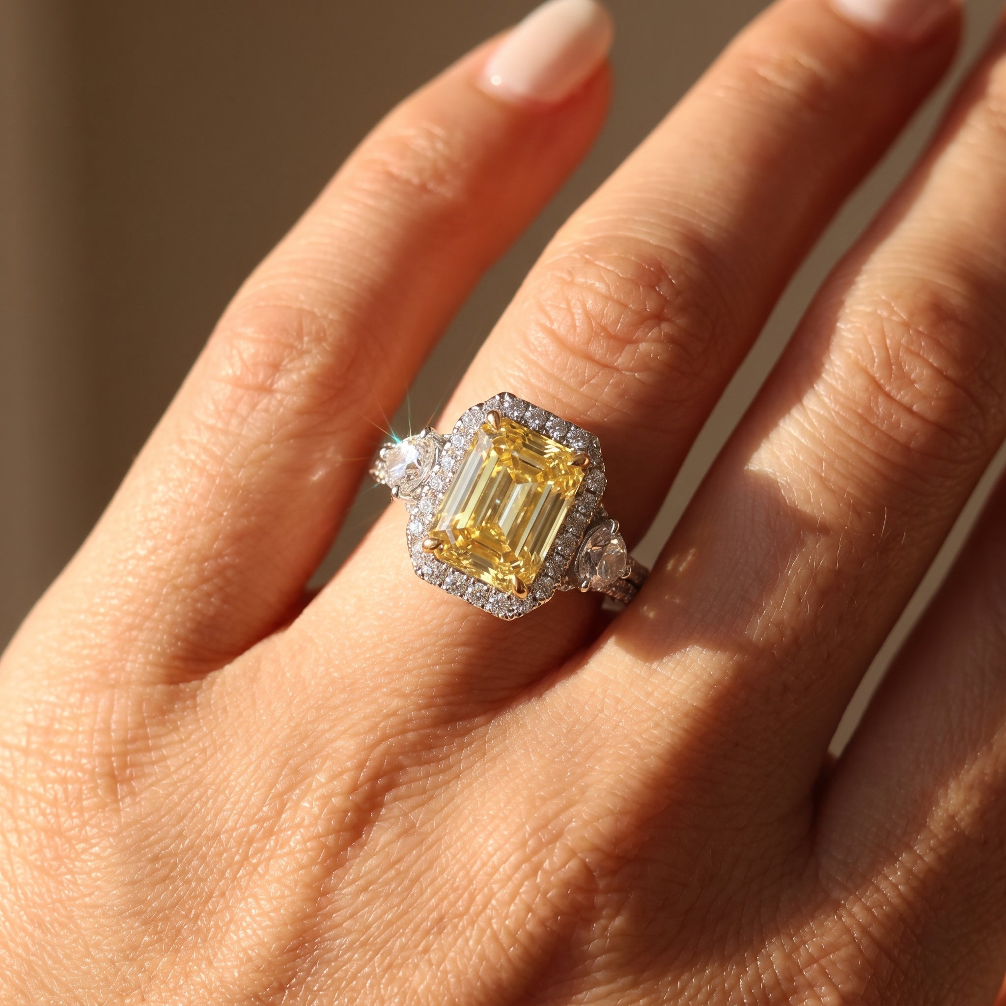 3Cttw Radiant Shaped Yellow Lab Grown Diamond (F/VS) Accented Three Stone Engagement Ring 14K Gold